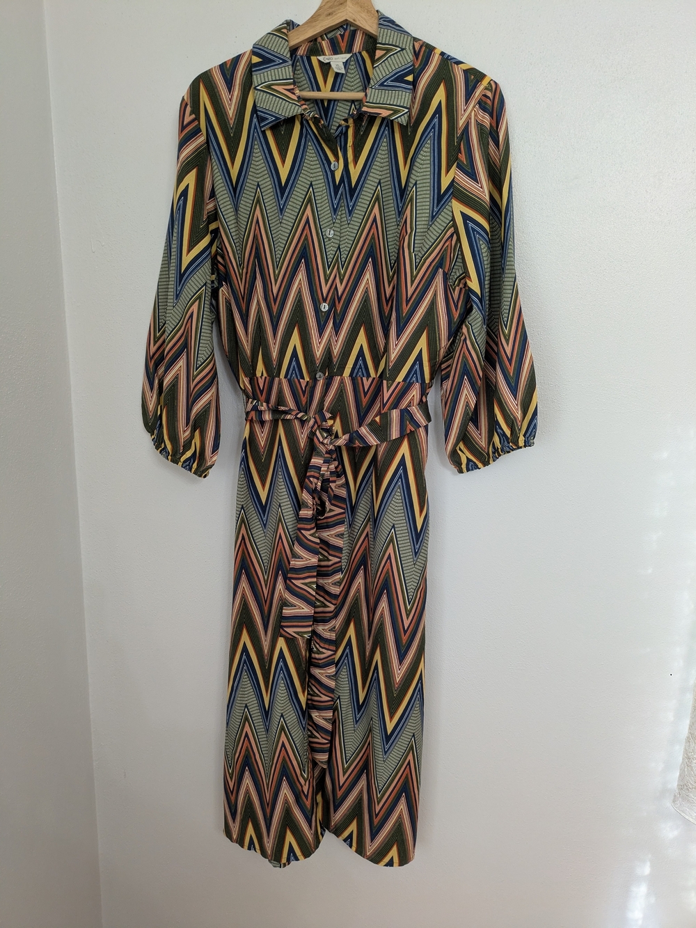 Cato Chevron-Pattern Long Sleeve Belted Midi Dress - Navy, Olive, Pink, Mustard